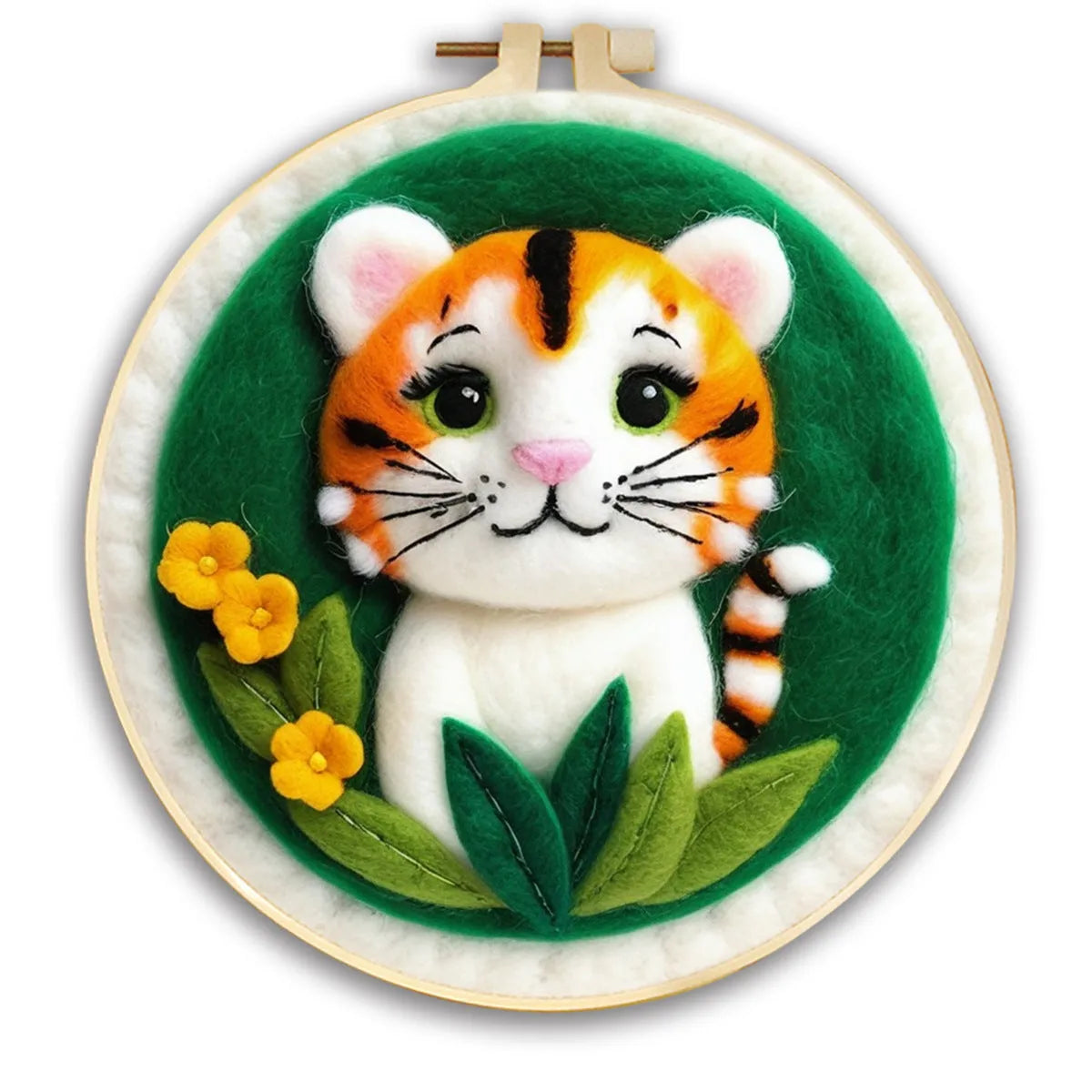 Round three-dimensional embroidery kit with linen fabric, wool felt pieces, and embroidery frame for 20x20 cm blanket painting