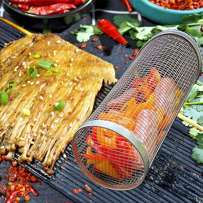 Silver iron wire rolling cylinder BBQ basket with mesh design and a hook for grilling.