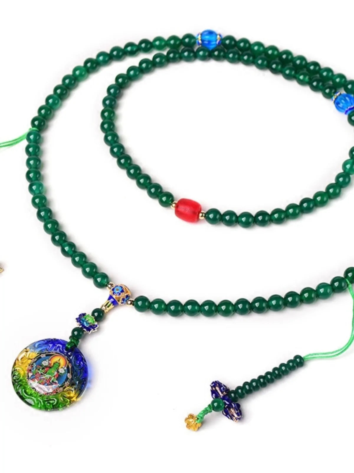 Green agate multi-circle bracelet with 108 beads and a pendant, showing Buddha beads or Thangka style options.