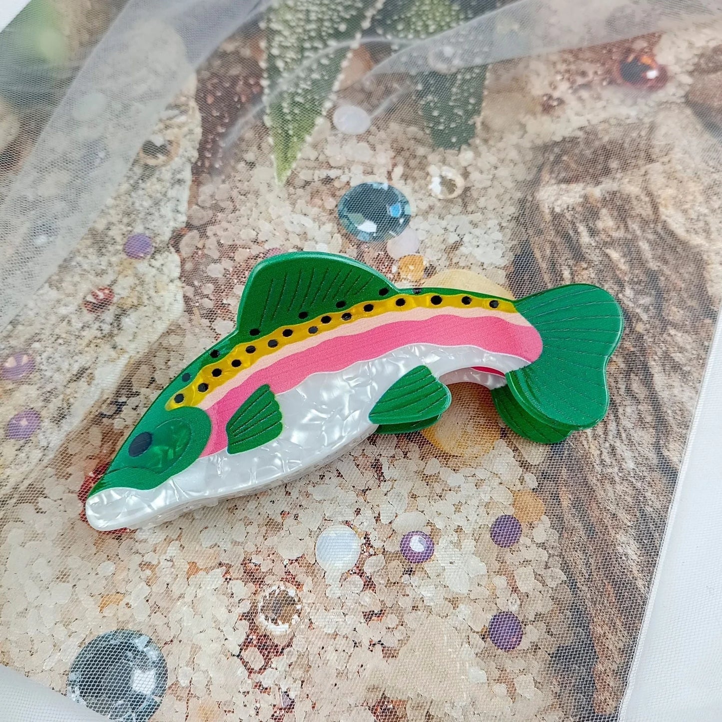 Dark green PVC hair clip with detailed carp design measuring 8cm in length