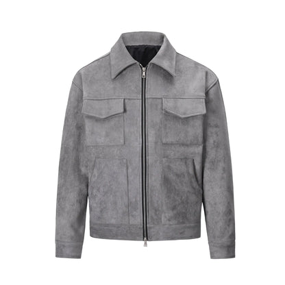Men's black thickened slim fit jacket with big pockets and a front zipper.