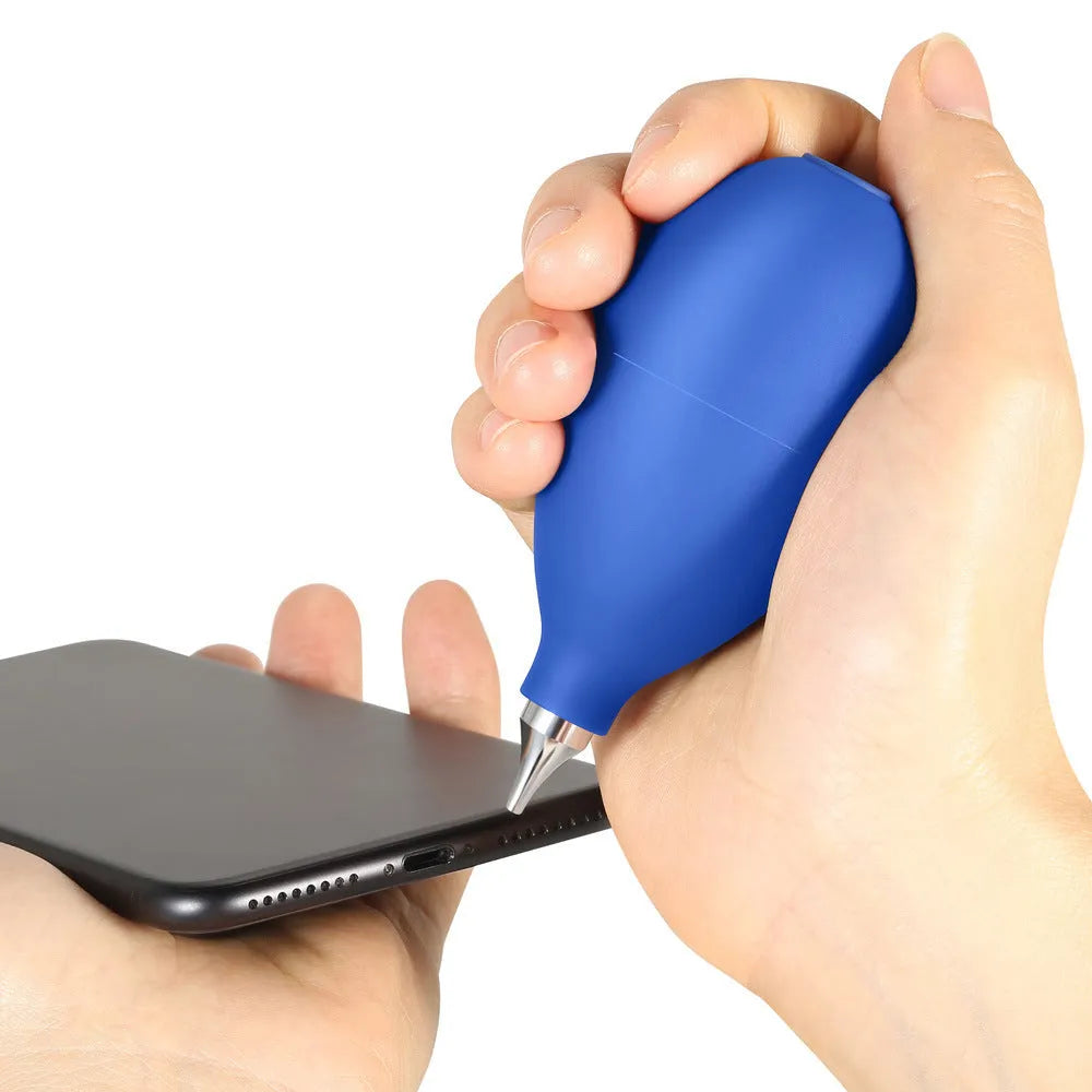 Blue rubber air blowing cleaning tool measuring 9.5cm length for dust removal from camera lenses