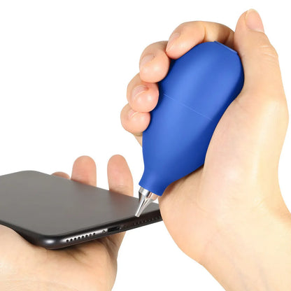 Blue rubber air blowing cleaning tool measuring 9.5cm length for dust removal from camera lenses