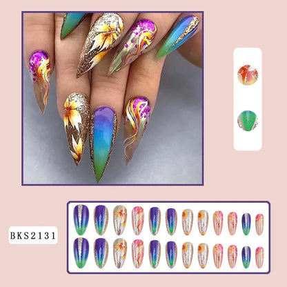 Set of almond-shaped rainbow patterned false nail stickers in European Square shape on four colour backgrounds.