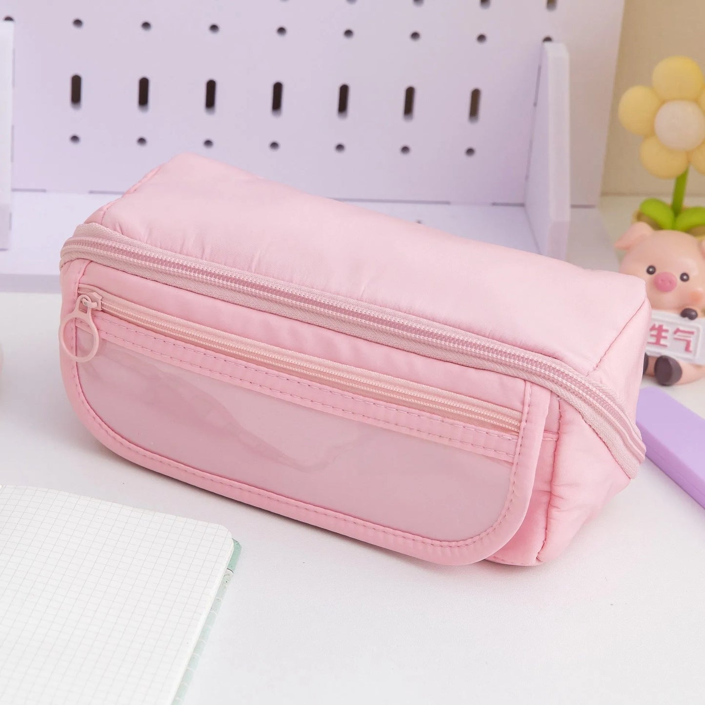 Ten-layer flip canvas pencil case showing multiple compartments in available colours