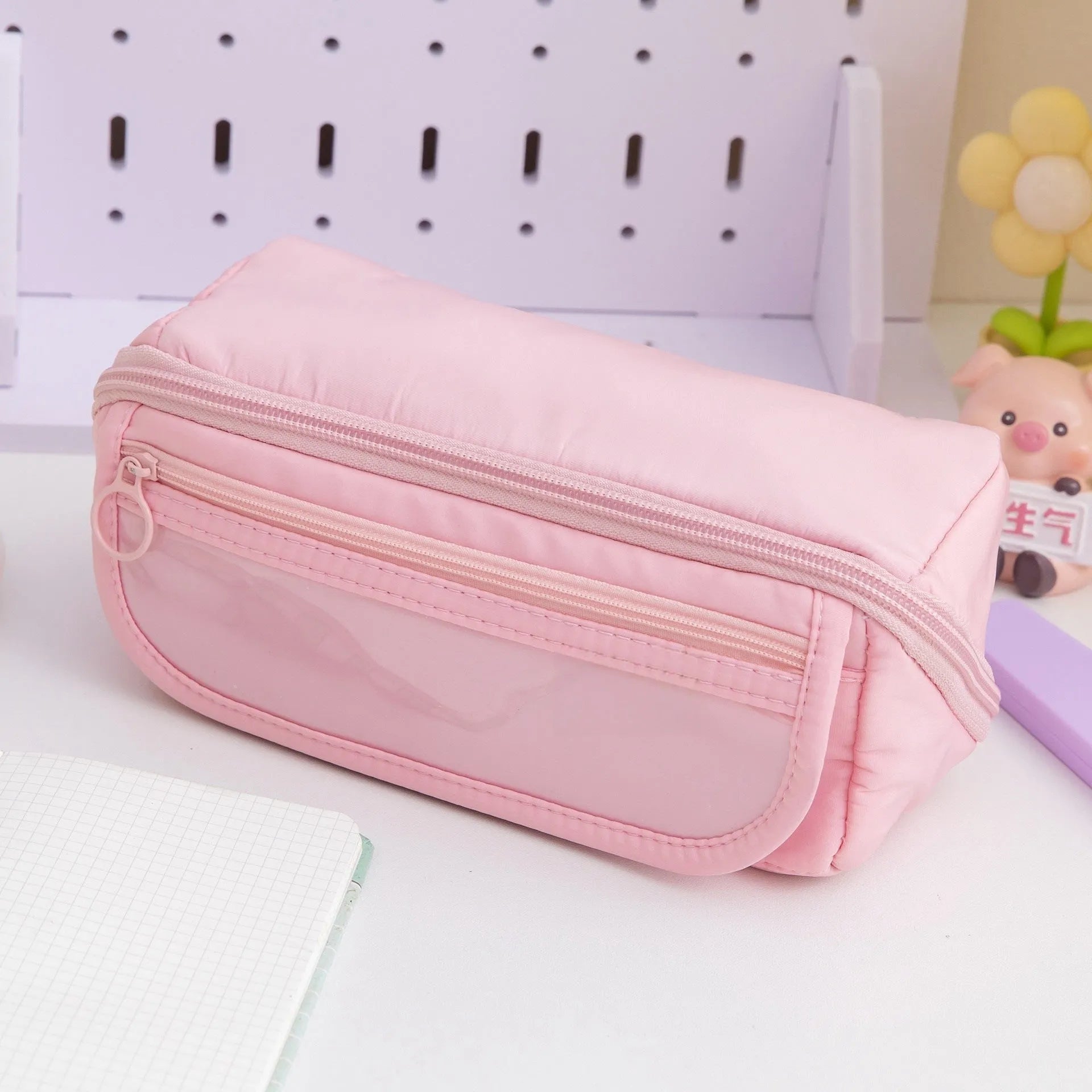 Ten-layer flip canvas pencil case showing multiple compartments in available colours