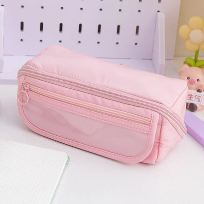 Ten-layer flip canvas pencil case showing multiple compartments in available colours