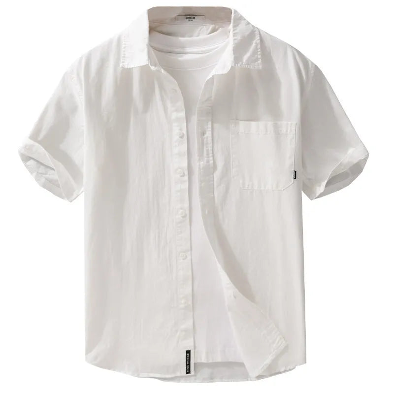 Men's casual short sleeve shirt in pure cotton with loose fit, shown in multiple colour options