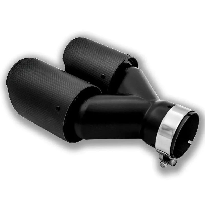 Black carbon fibre car exhaust pipe with dual outlet design for vehicle modification