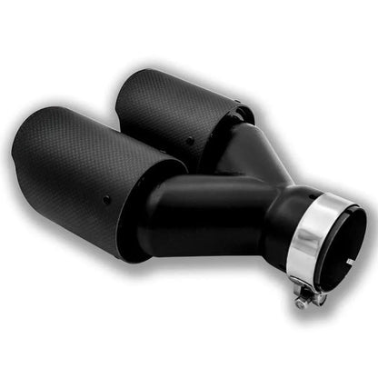 Black carbon fibre car exhaust pipe with dual outlet design for vehicle modification