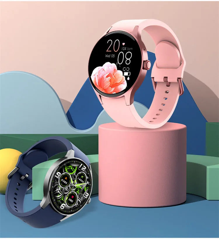 46mm smart Bluetooth sport watch with round colour touchscreen on wrist, shown in black, blue, pink, or red.