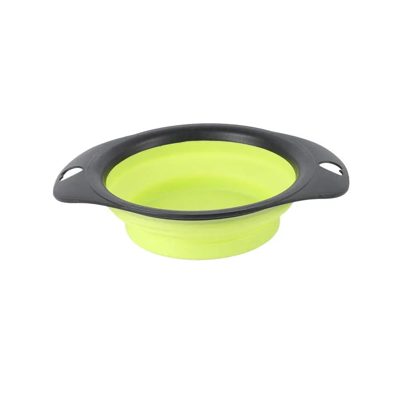 Green silicone pet bowl shown in its full size and collapsed flat for storage.