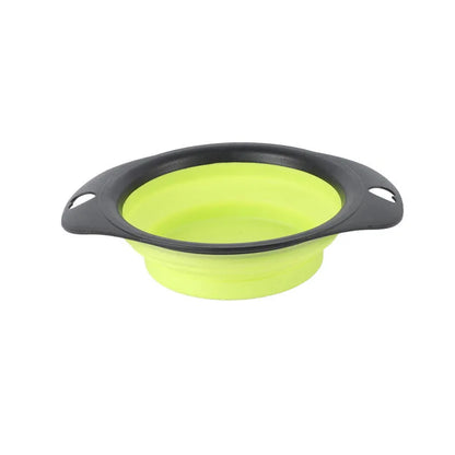 Green silicone pet bowl shown in its full size and collapsed flat for storage.