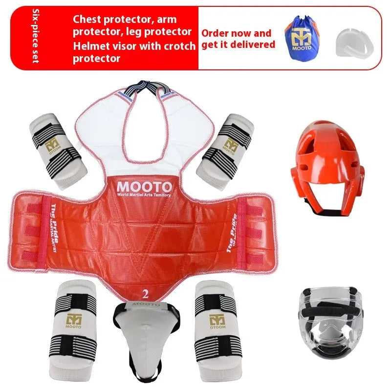 Taekwondo protective gear set in red or blue with four to eight pieces and sizes from 110cm to 190cm
