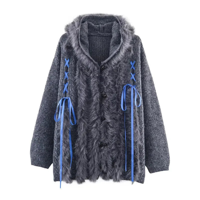 Women's Striped Hoodie Knitted Coat with Contrast Colour Horn Button and Cool Strap Detail, Polyester Blend Pullover in Gray or Khaki, Sizes S M L, Japanese Korean Casual Style
