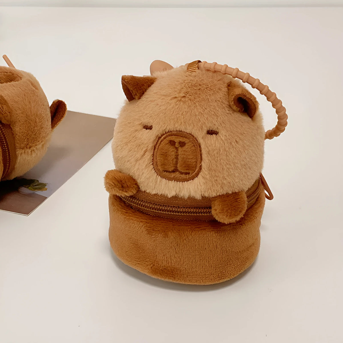 Brown plush animal coin purse and earphone bag with embroidery for daily matching