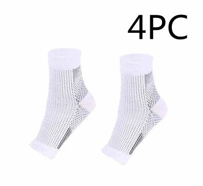 Anti-fatigue compression foot sleeve in black, red, or white, featuring moisture-wicking fabric and a heel hole for breathability.