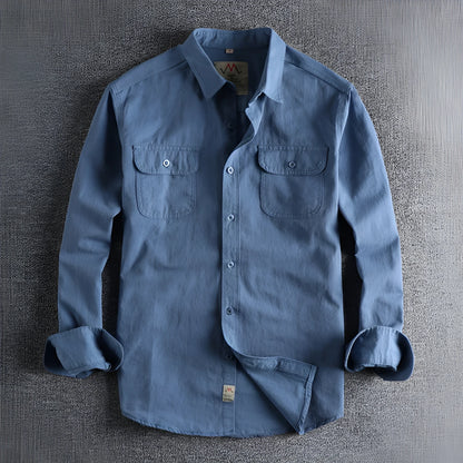 Men's retro British style cotton cardigan shirt in solid white or light blue with long sleeves