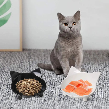 White shallow melamine pet bowl with non-slip black rubber base for cats and small dogs.