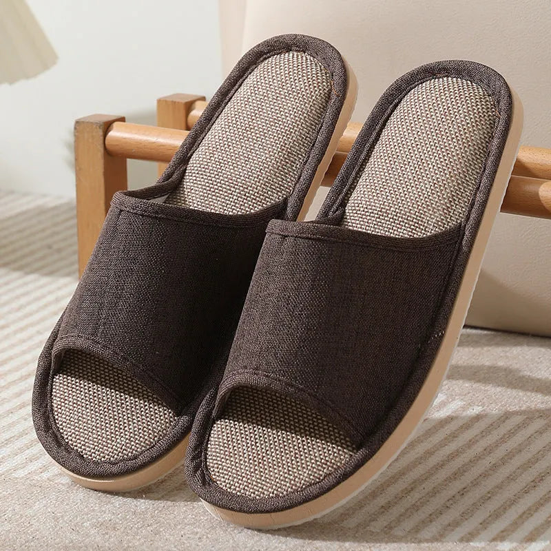 Women's open-toe linen slippers with thick sole in light brown colour.