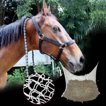 Black woven grid hanging feeding bag for horses, showing size and rope construction.