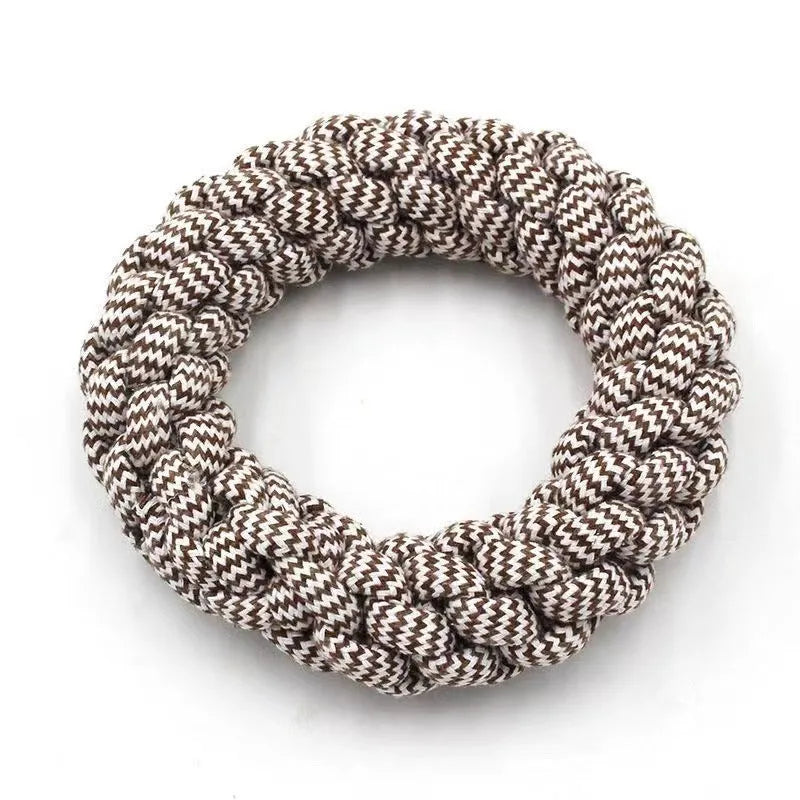 Cotton braided ring knot dog toy showing 18cm diameter, textured knot construction, random colour