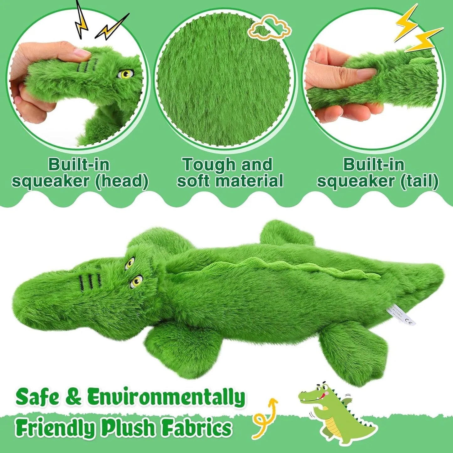 Dark green crocodile dog toy with squeaker and crinkle paper, measuring 20cm for aggressive chewers