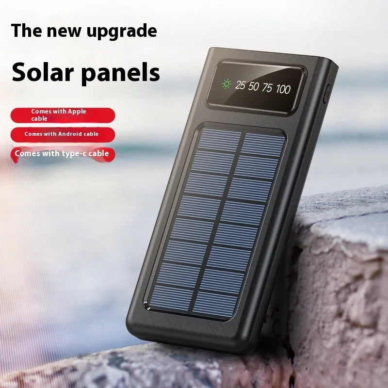 Black solar power bank with built-in charging cable showing solar panel and 20000mAh capacity label