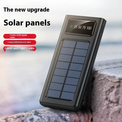 Black solar power bank with built-in charging cable showing solar panel and 20000mAh capacity label