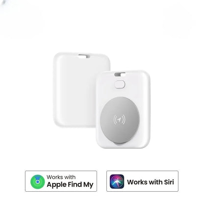 White ABS plastic pet GPS tracker with Apple device compatibility, showing compact design and collar attachment.