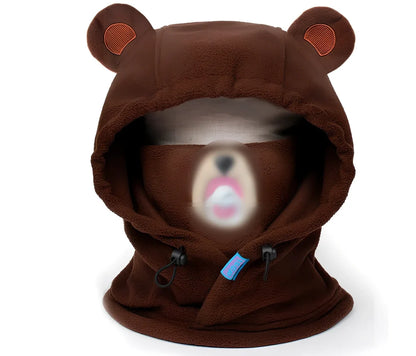 Ski helmet cover with cartoon animal designs including brown bear and white bear patterns for winter sports