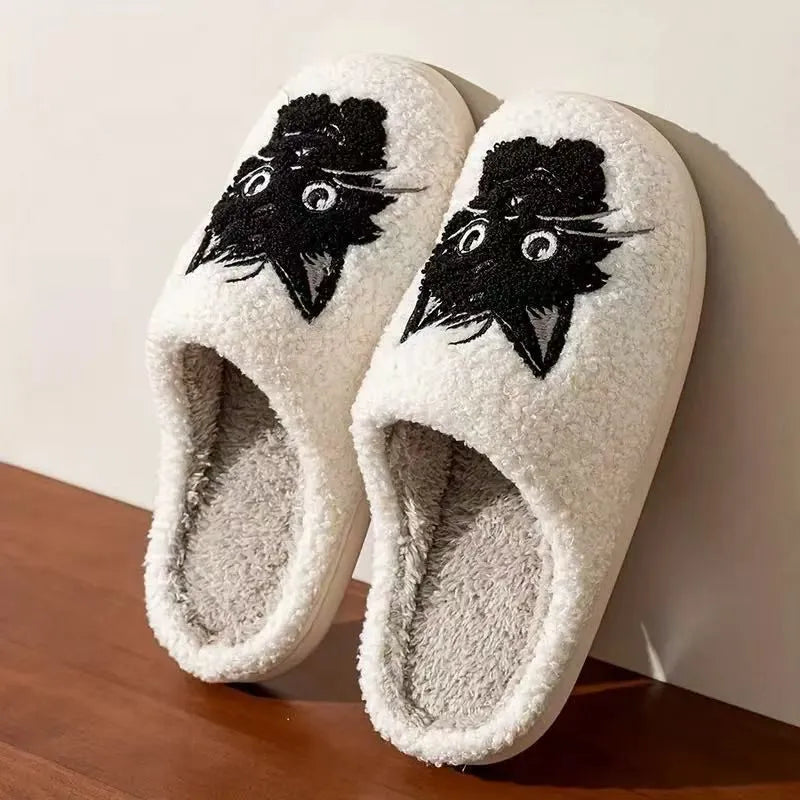 White plush Black Beard Cat cartoon couple slippers with a non-slip TPR sole.