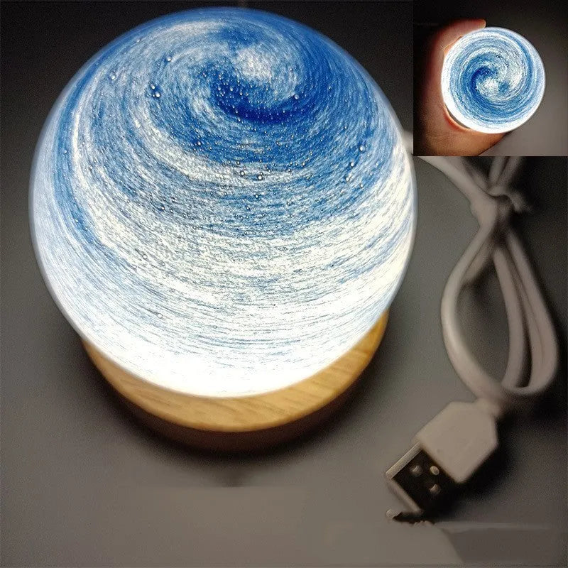 Planet night light with USB cable and base, showing 80mm model and three-colour dimming options