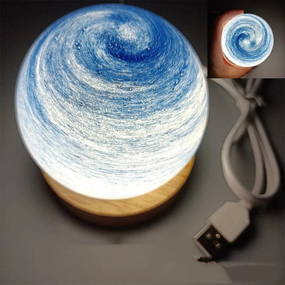 Planet night light with USB cable and base, showing 80mm model and three-colour dimming options