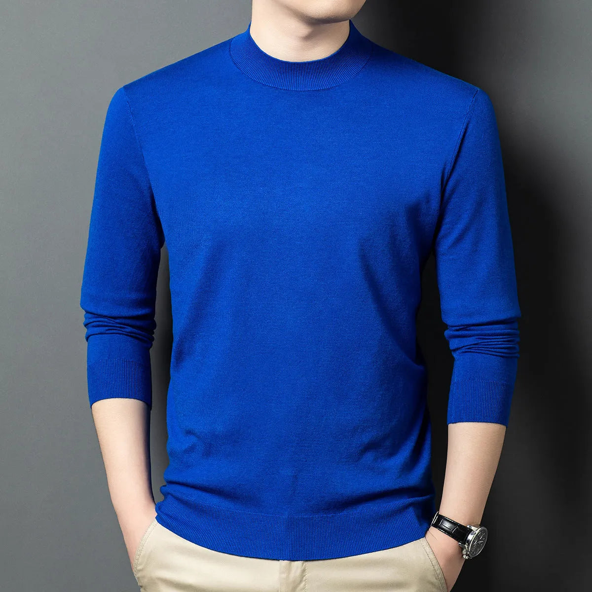 Men's round neck long sleeve pullover sweater in a Mulberry Silk and Wool blend for winter.