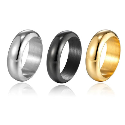 Glossy electroplated titanium steel ring in black, gold, or steel colour on finger