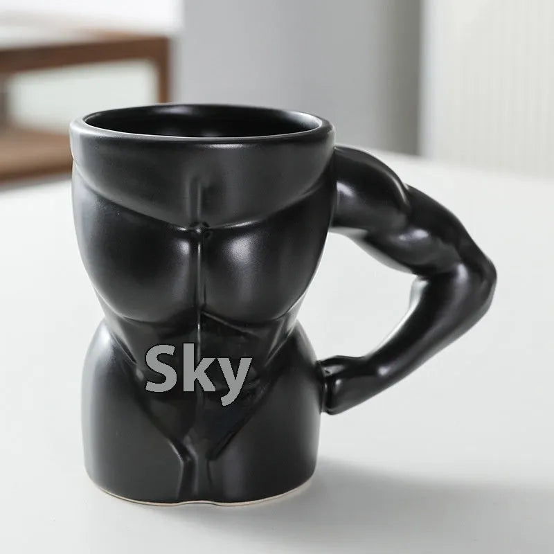 Men's ceramic mug with embossed muscular arm design in matte black finish, 300ml capacity