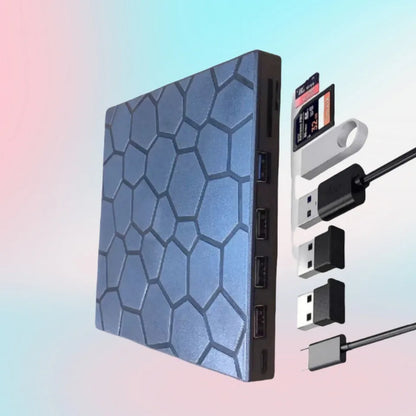 Black external USB CD drive burner with compact dimensions for portable disc reading and writing.