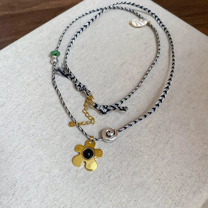 Adjustable stone shell beaded flower pendant necklace in silver or gold tone on 51-60cm chain
