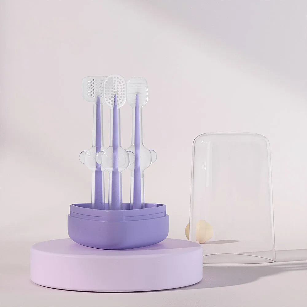 Silicone pet toothbrush for dogs and cats in purple blue green colours for dental care