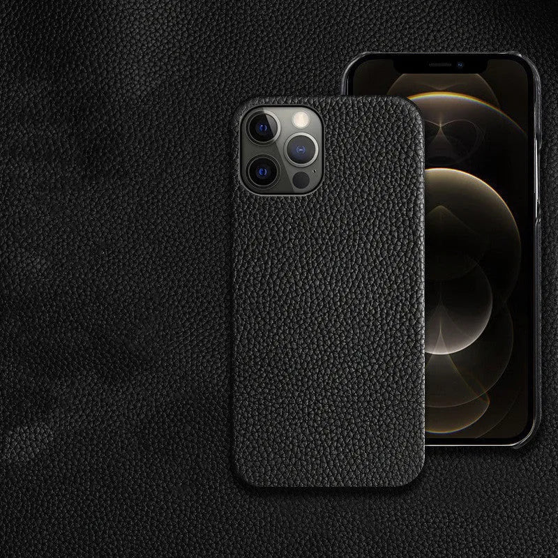 Genuine leather half-wrap iPhone protective case in beige, black, brown, orange, or pink colour.