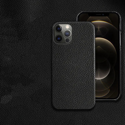 Genuine leather half-wrap iPhone protective case in beige, black, brown, orange, or pink colour.
