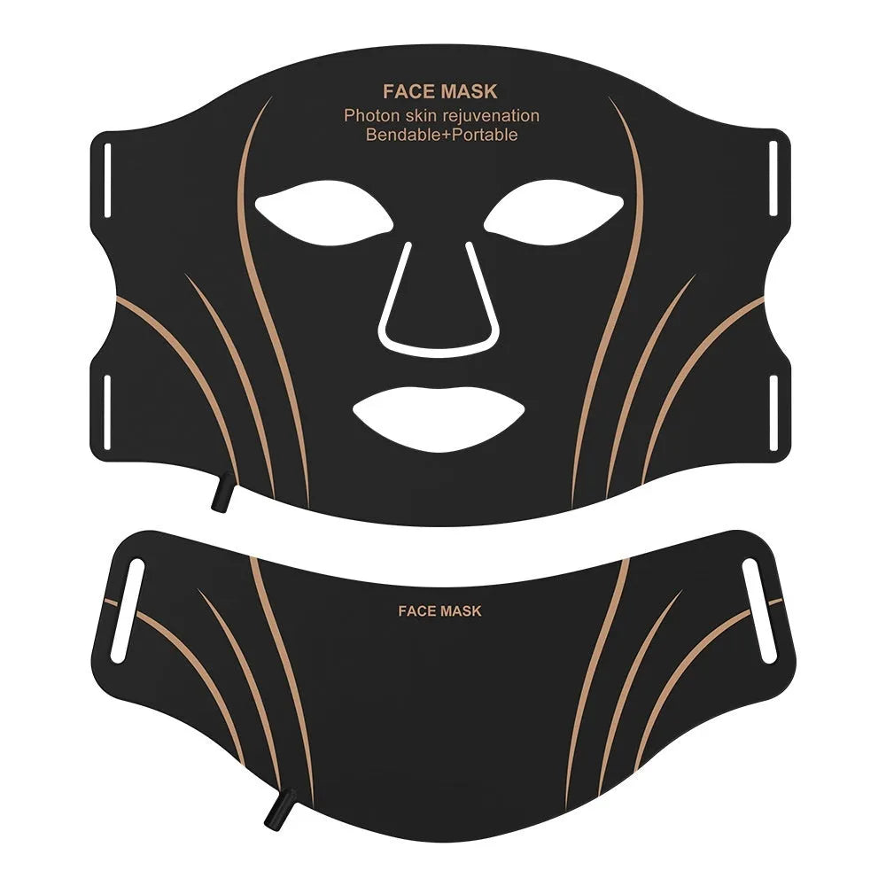 Black gold hard shell IPL and LED red light facial mask beauty device with headband.