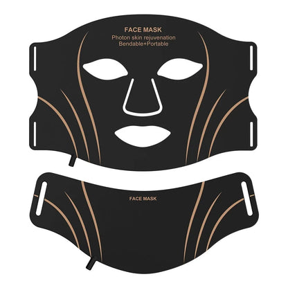 Black gold hard shell IPL and LED red light facial mask beauty device with headband.