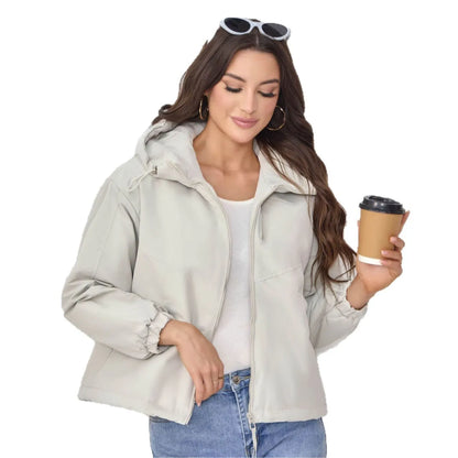 Women's loose-fit hooded shell jacket in black, grey, or purple.