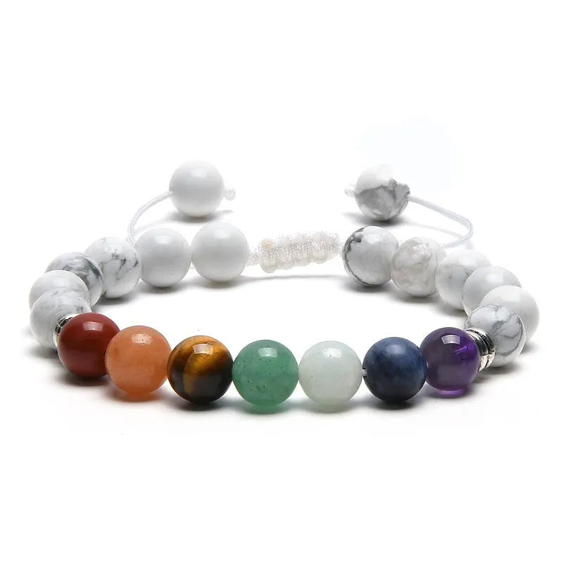 Women's flat knot braided healing bracelet hand-woven with natural gemstone beads in geometric pattern