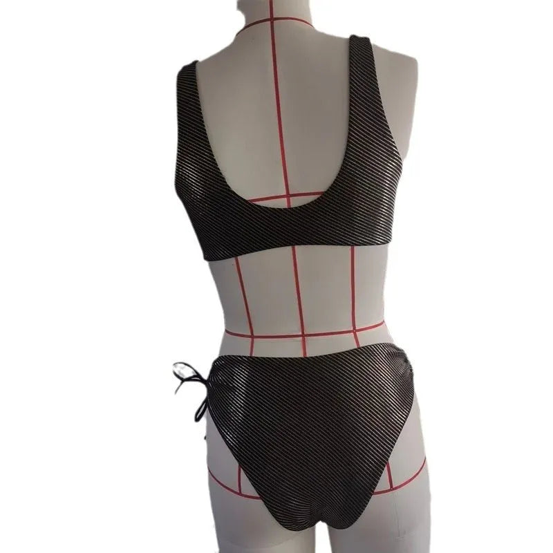 Black women's triangle swimsuit set with 3D stereo beach styling on hanger