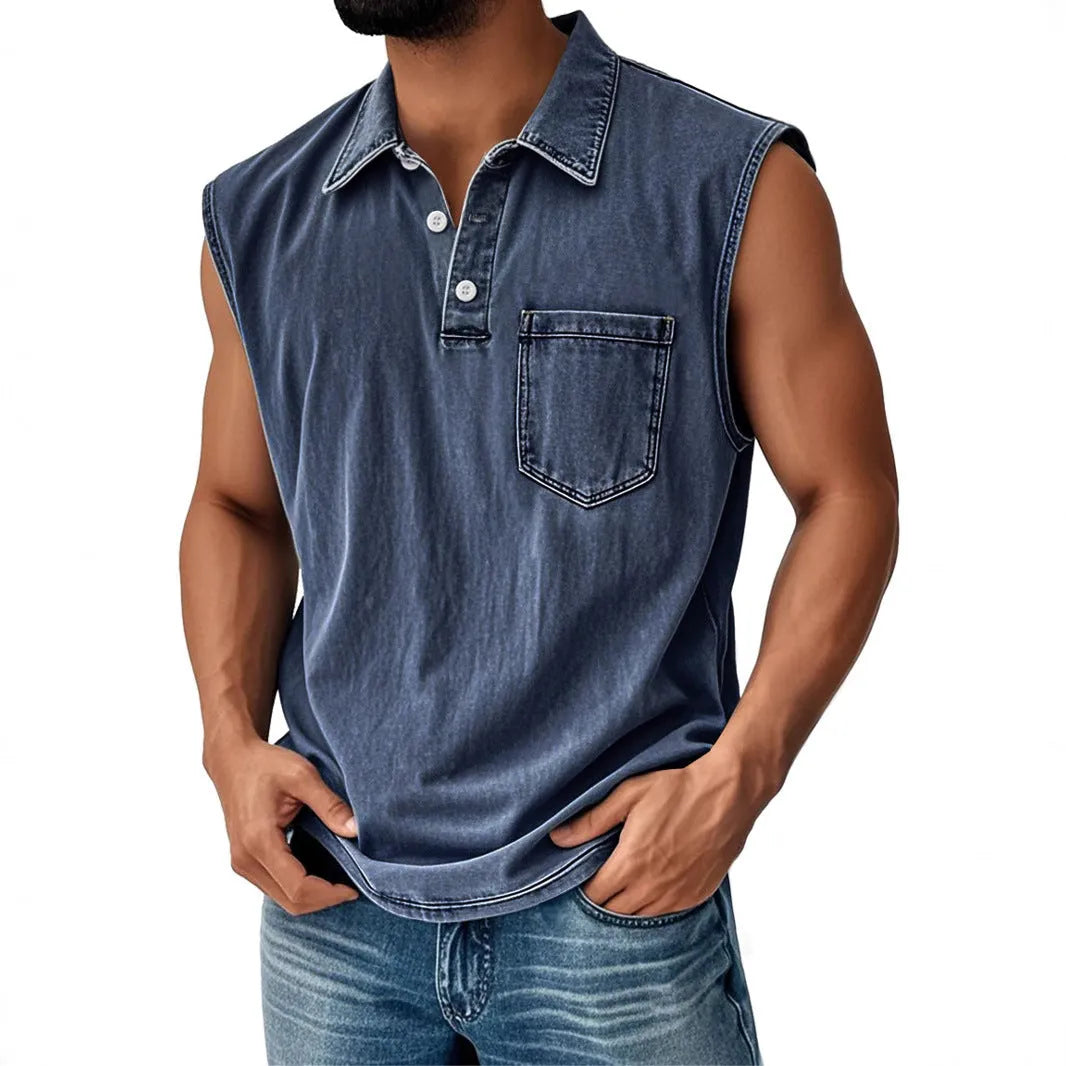 Man wearing a short-sleeve polo shirt with a colourful 3D digital print design on the front.