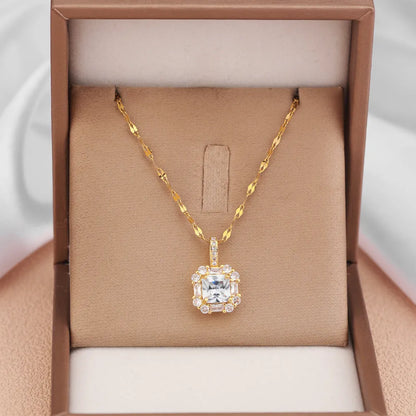 Women's gold titanium steel clavicle chain with quadrilateral zircon-inlaid geometric pendant on water wave chain