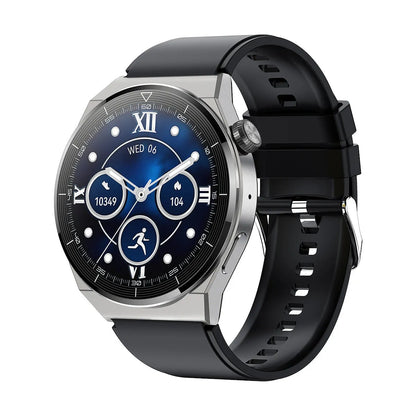 Black Android smart watch with round dial on a silicone strap, showing call and NFC functions.